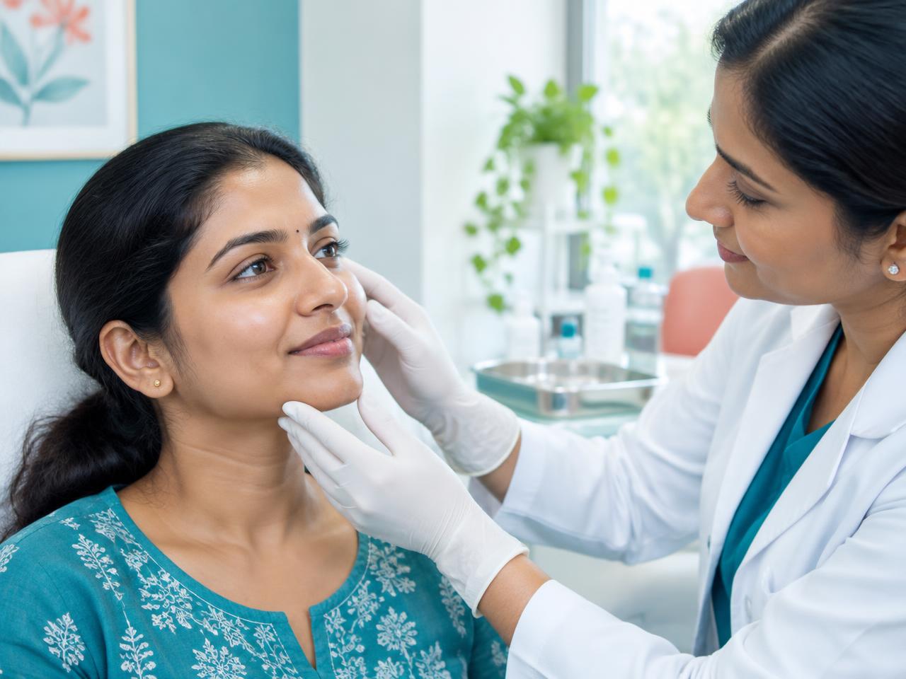 Dermatologist examining a patient's skin