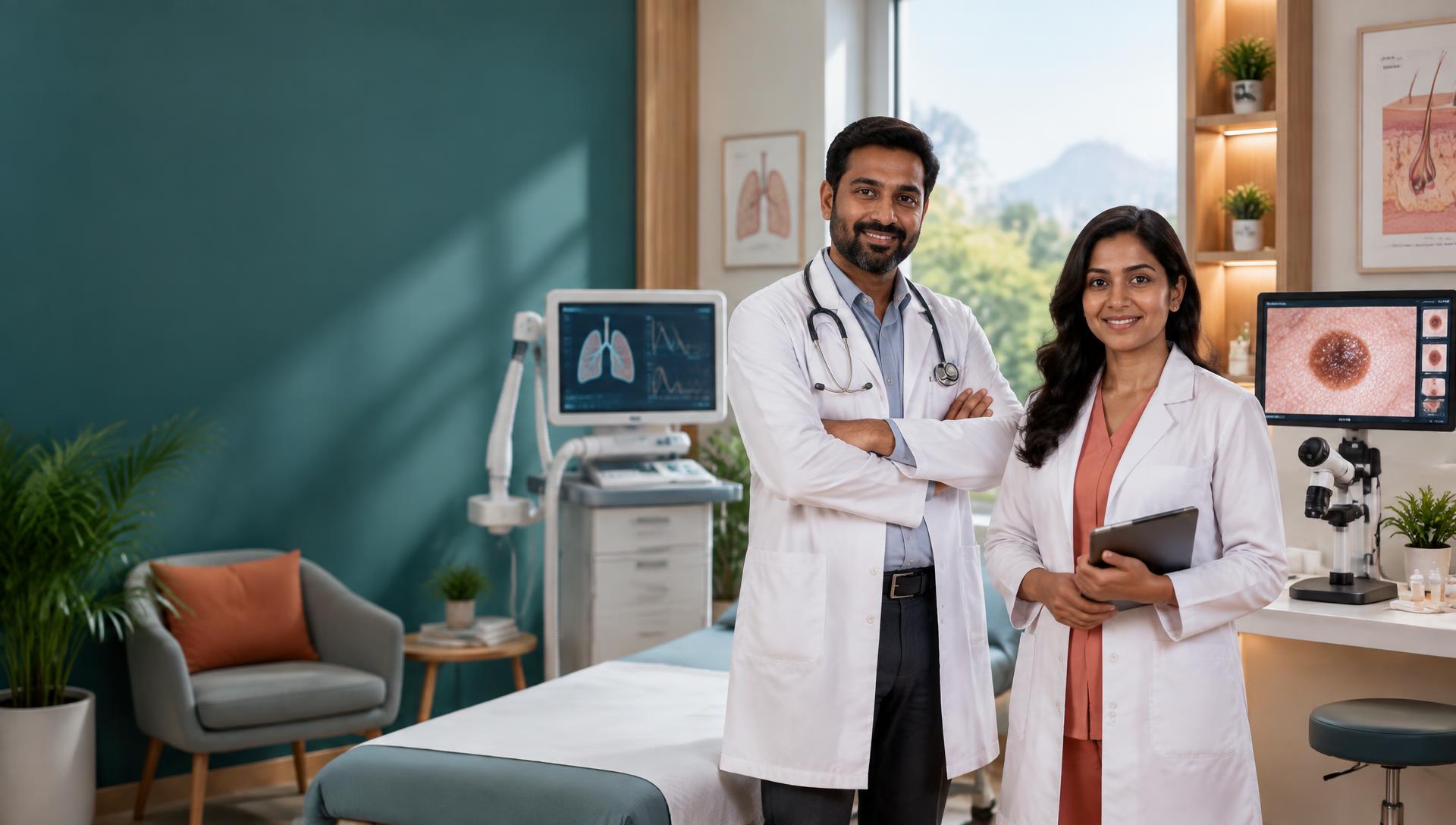 A respiratory specialist and dermatologist representing Theni Doctor lung and skin care